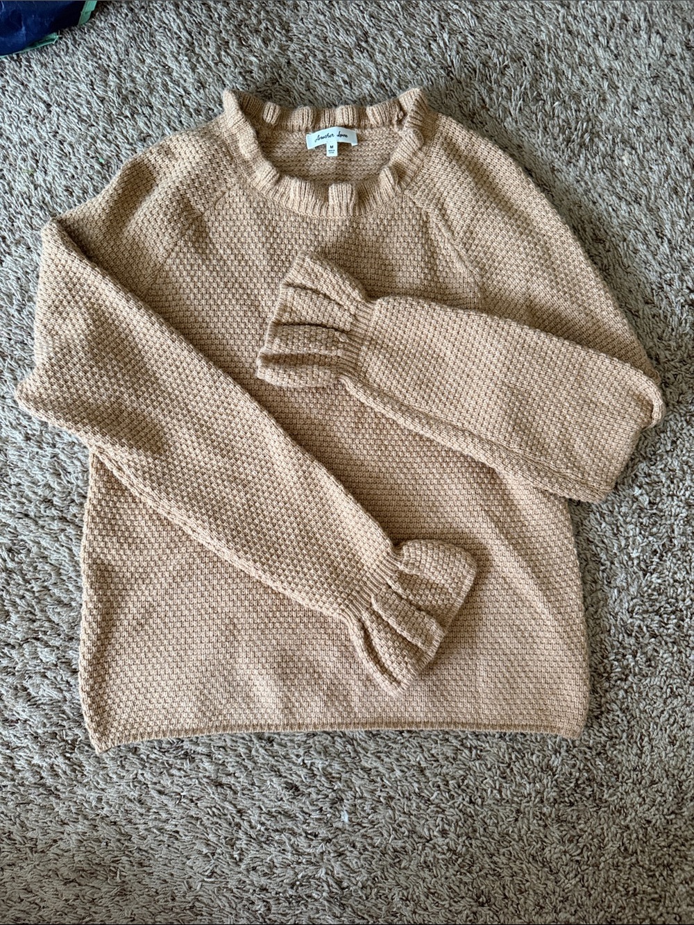 Another Love Ruffle Cuff Crewneck Sweater in Camel